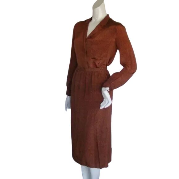 Vintage CALVIN KLEIN Skirt Set, S/XS, Lightweight Silk, 2 piece Top/Skirt, Brown - Picture 3 of 13